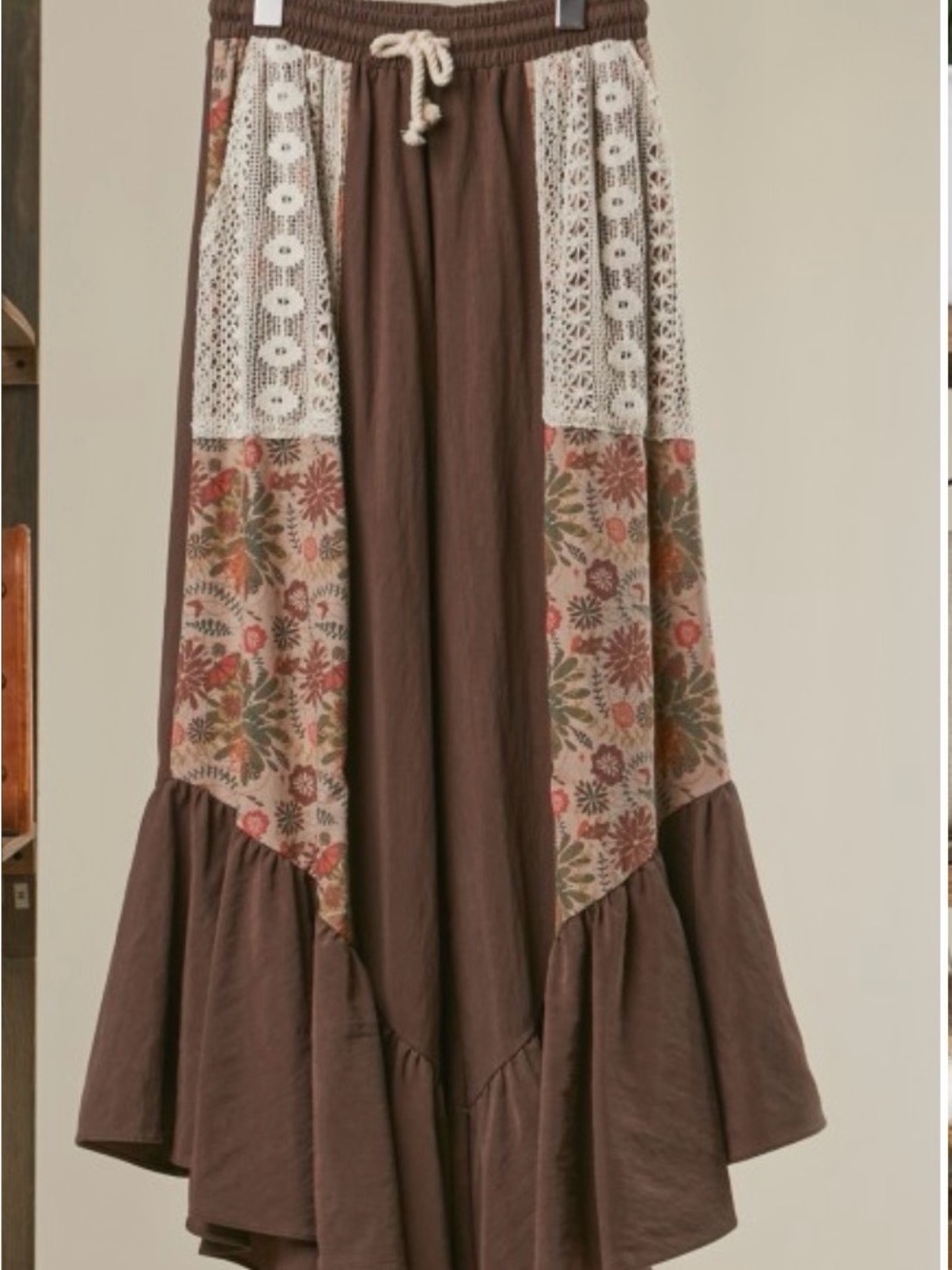Mello Brown Floral Patchwork pants with Crochet Trim